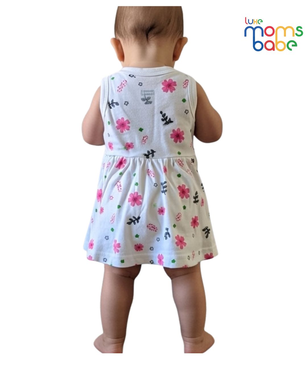 baby girls' white & pink floral print sleeveless frock