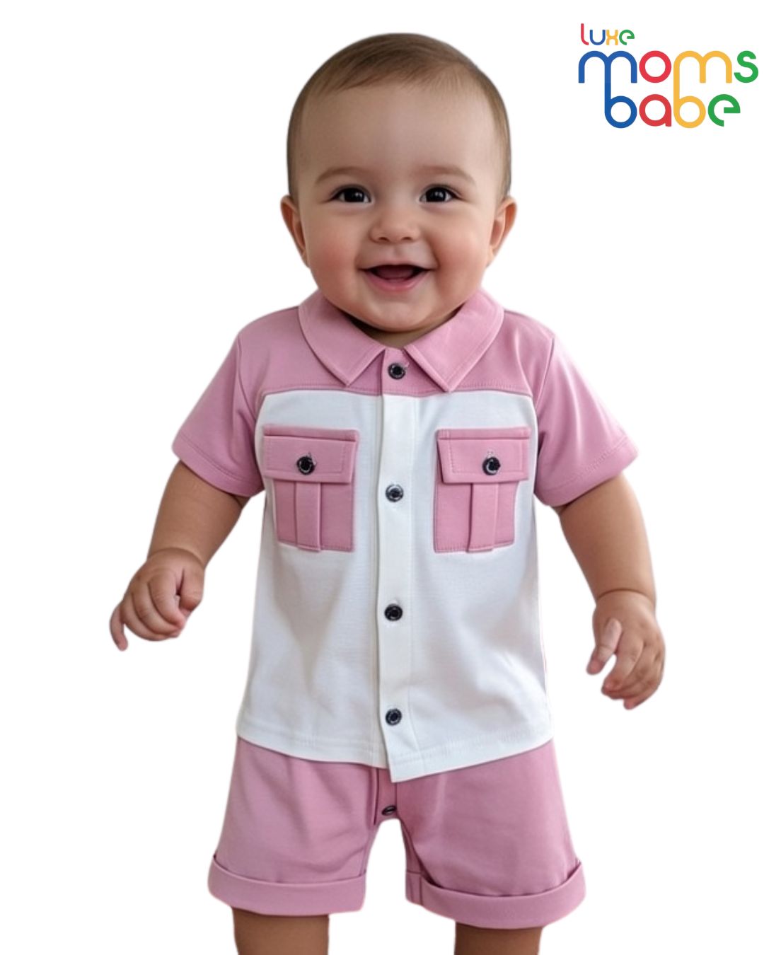 baby boy pink and white shirt and shorts set