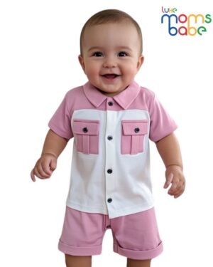 baby boy pink and white shirt and shorts set