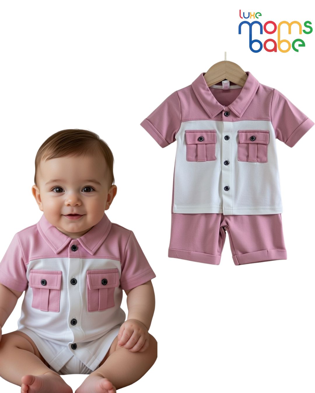 baby boy pink and white shirt and shorts set