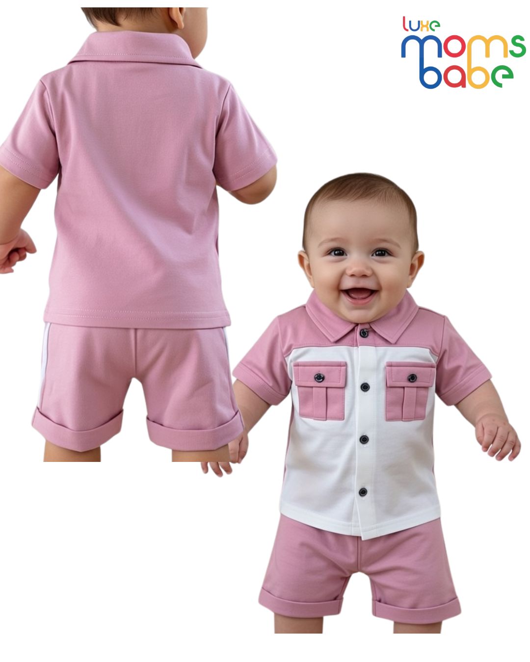 baby boy pink and white shirt and shorts set
