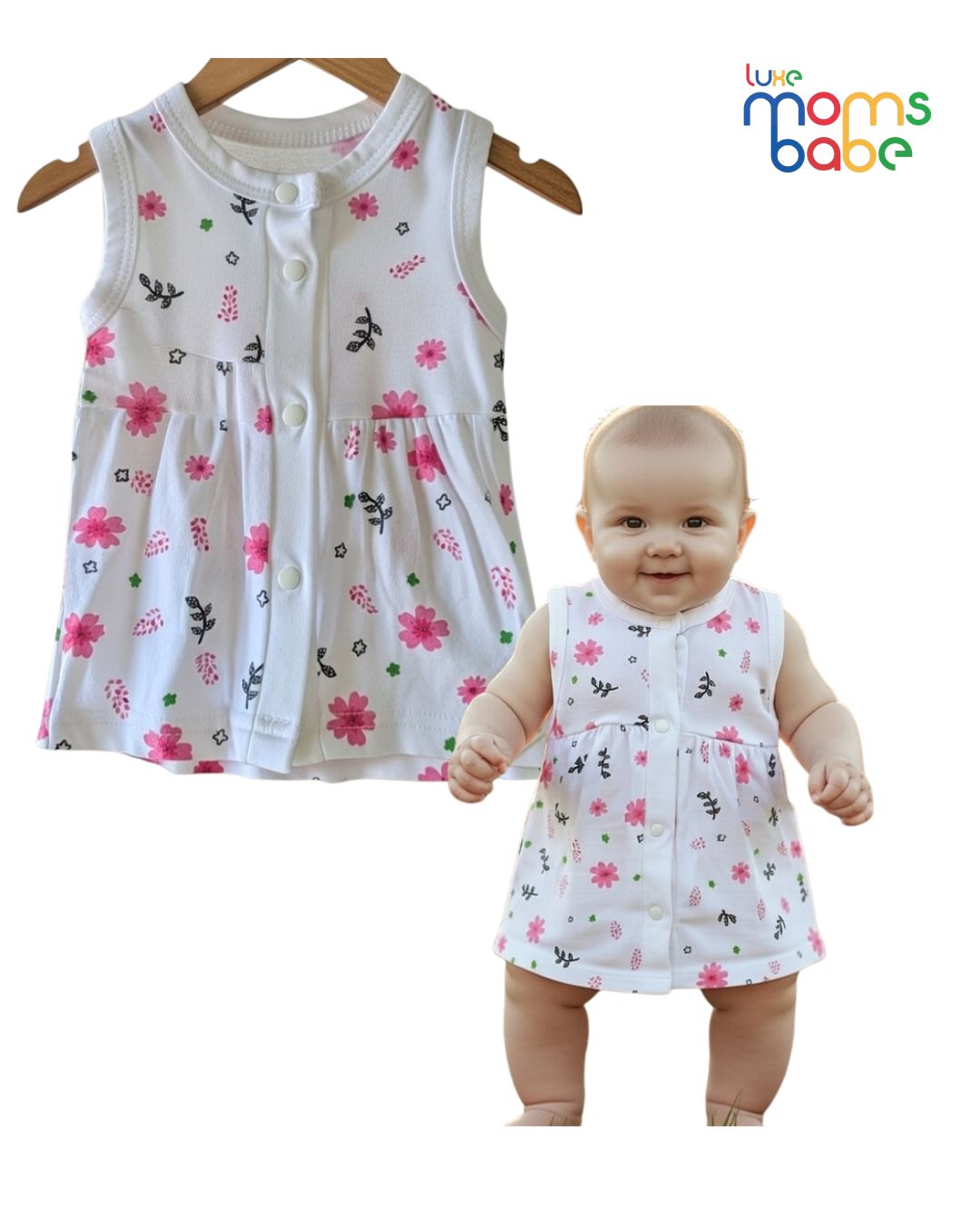 baby girls' white & pink floral print sleeveless frock