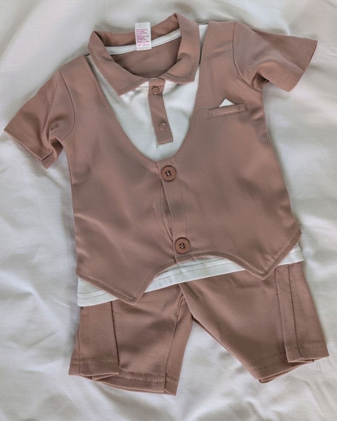 baby boy light brown formal romper outfit set