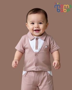 baby boy light brown formal romper outfit set