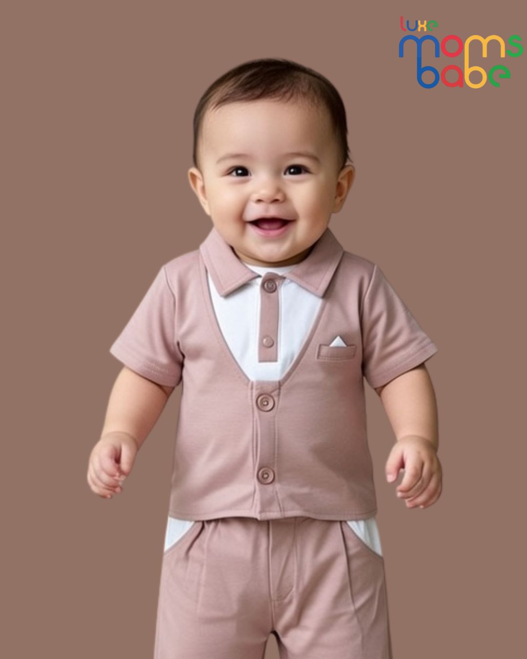 baby boy light brown formal romper outfit set