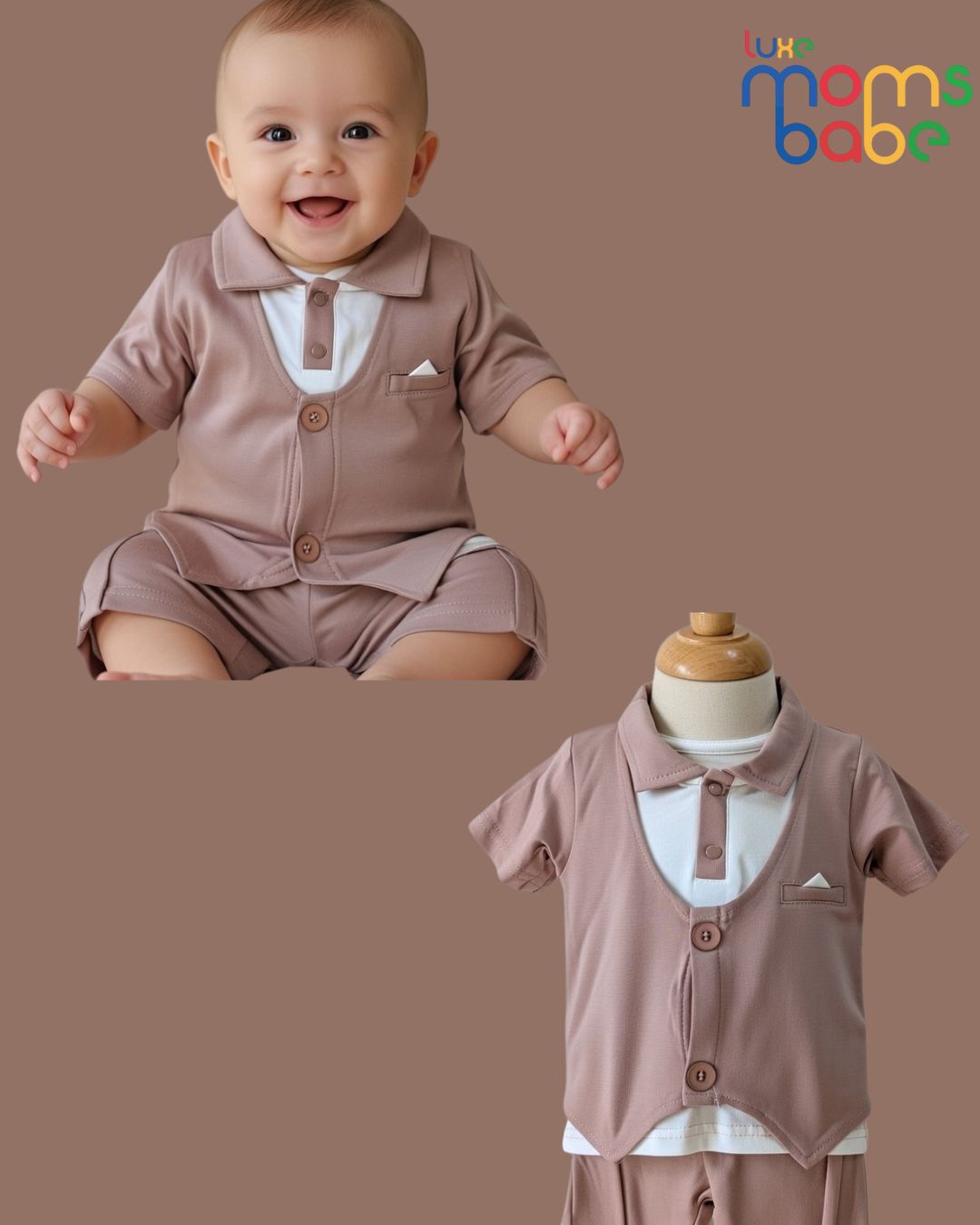 baby boy light brown formal romper outfit set