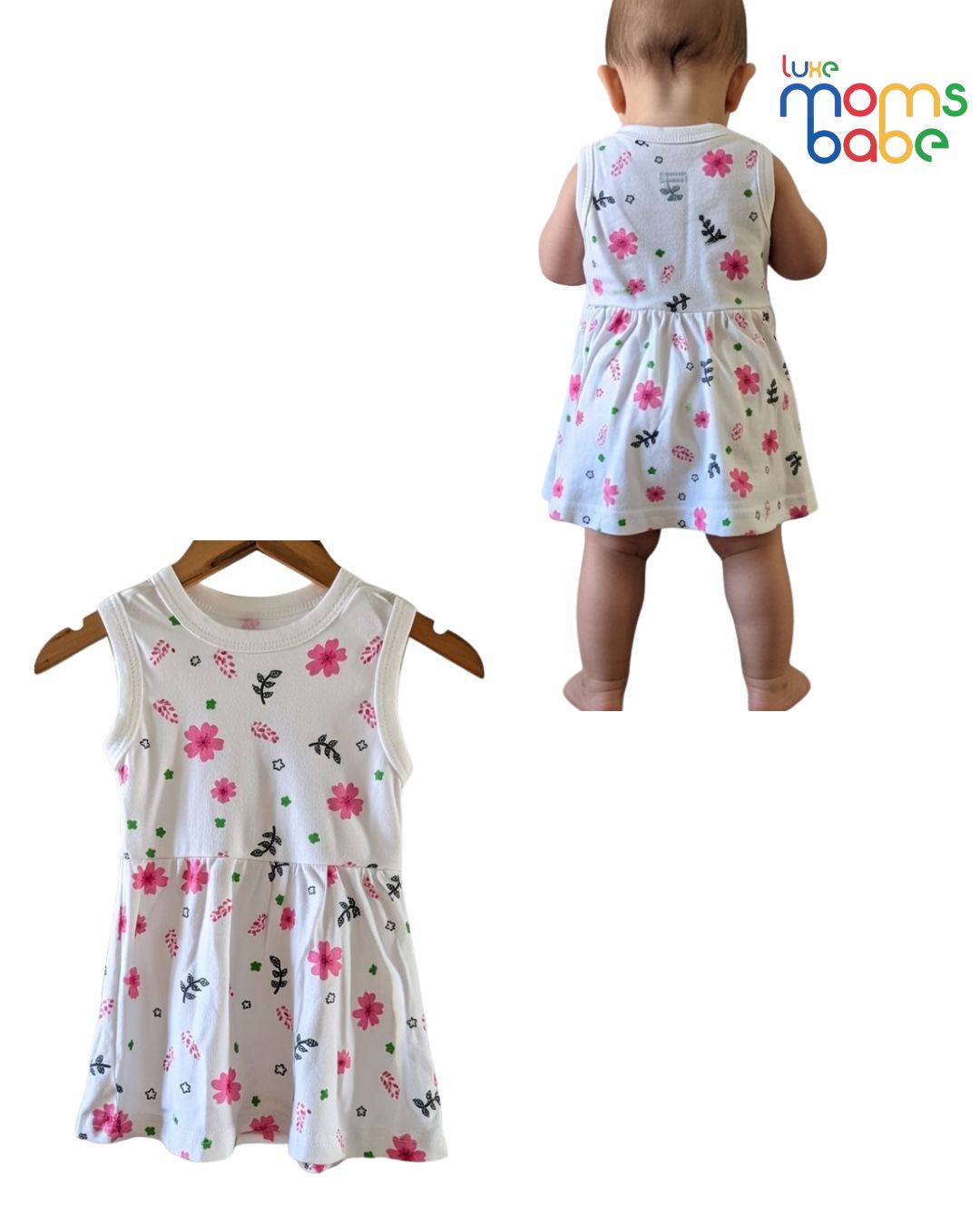 baby girls' white & pink floral print sleeveless frock