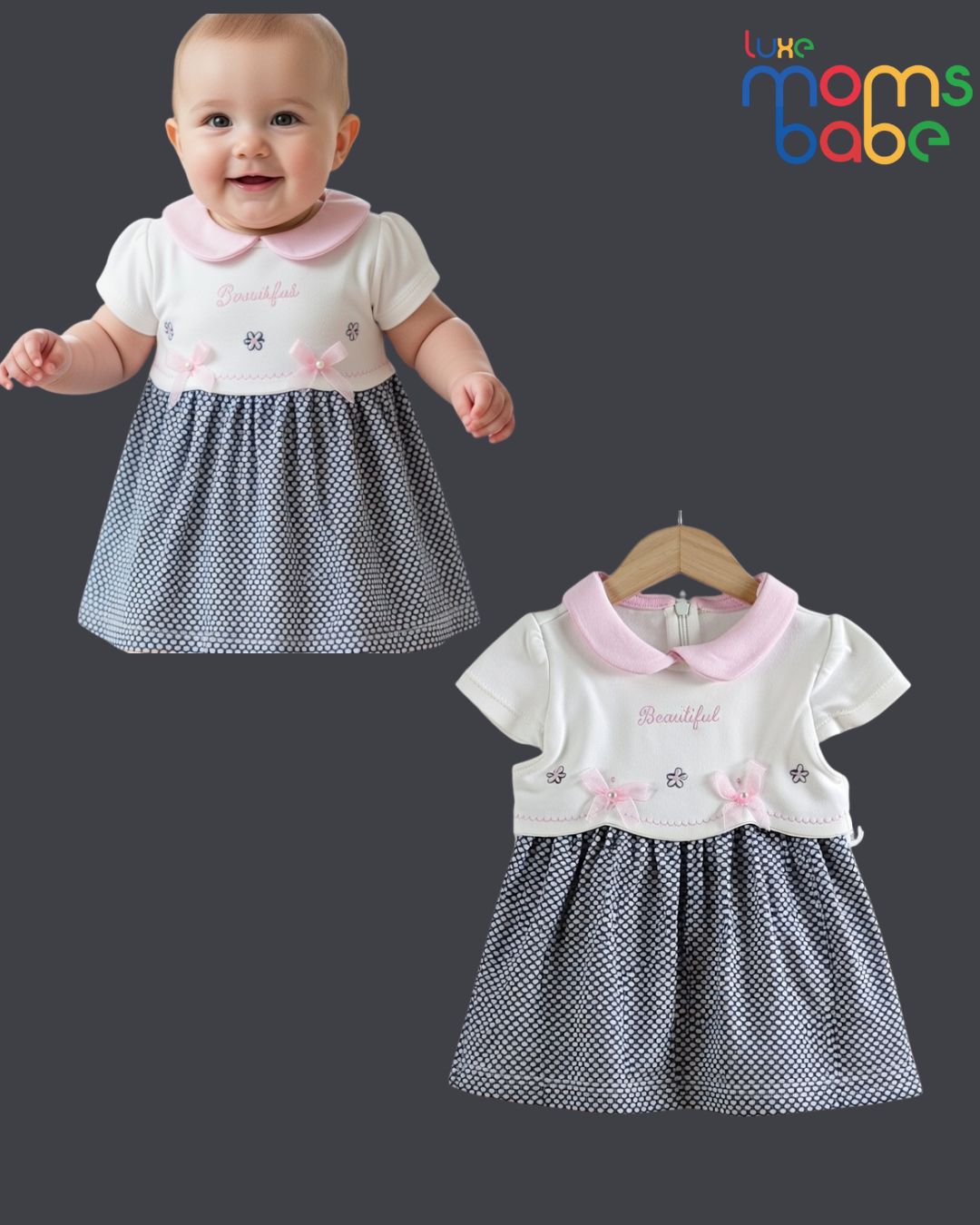baby girl white & navy blue pinafore dress bloomer set