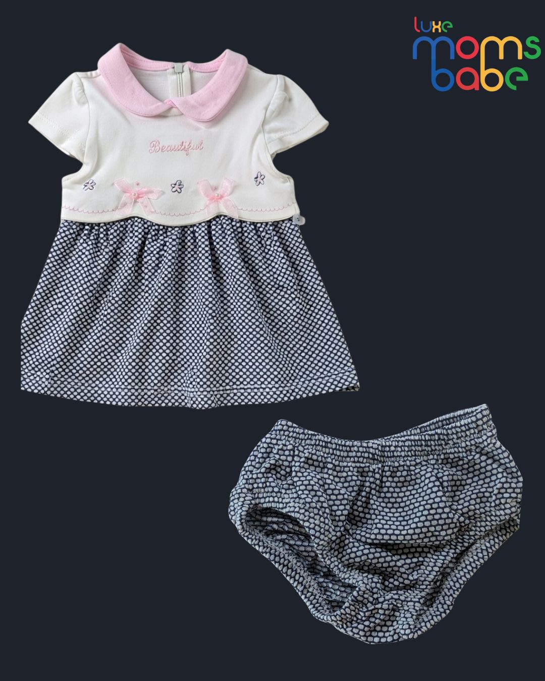 baby girl white & navy blue pinafore dress bloomer set