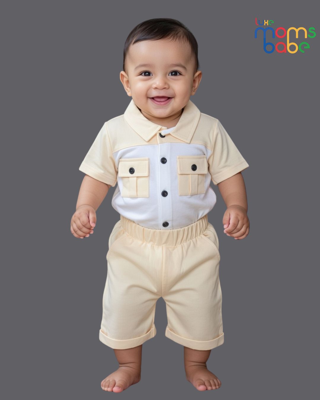 baby boy cream and white shirt and shorts set