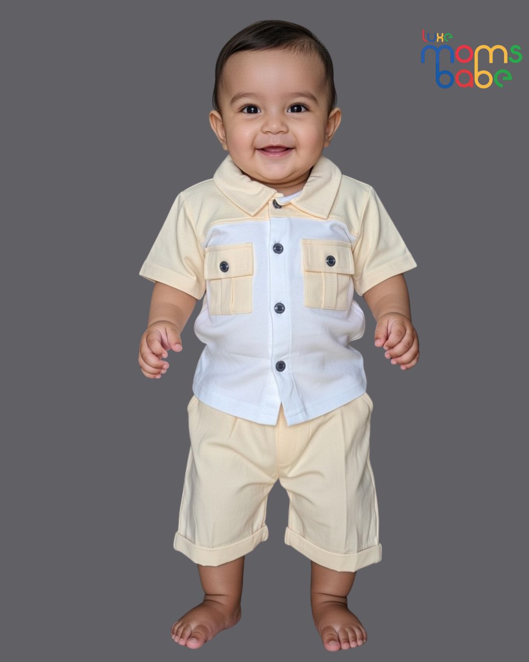 baby boy cream and white shirt and shorts set