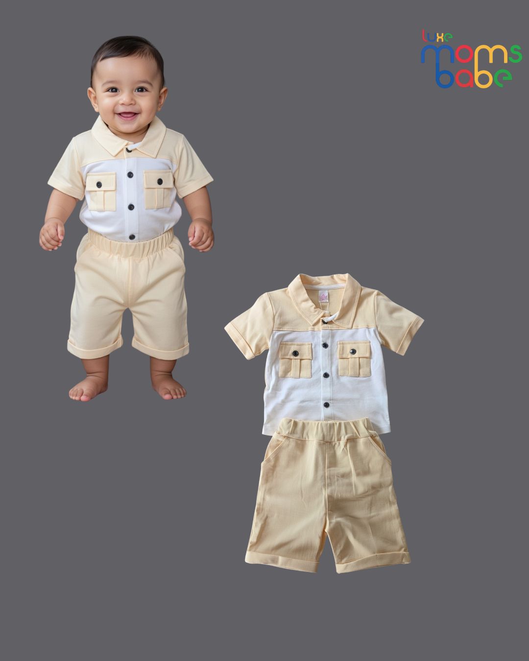 baby boy cream and white shirt and shorts set