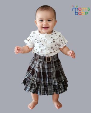 baby girl two piece set – white top & dark brown plaid skirt