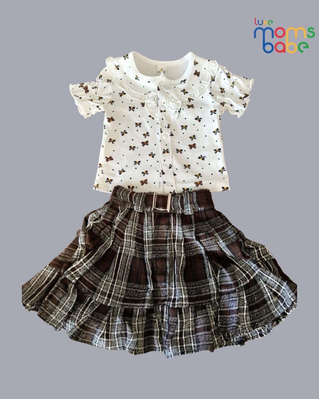 baby girl two piece set – white top & dark brown plaid skirt