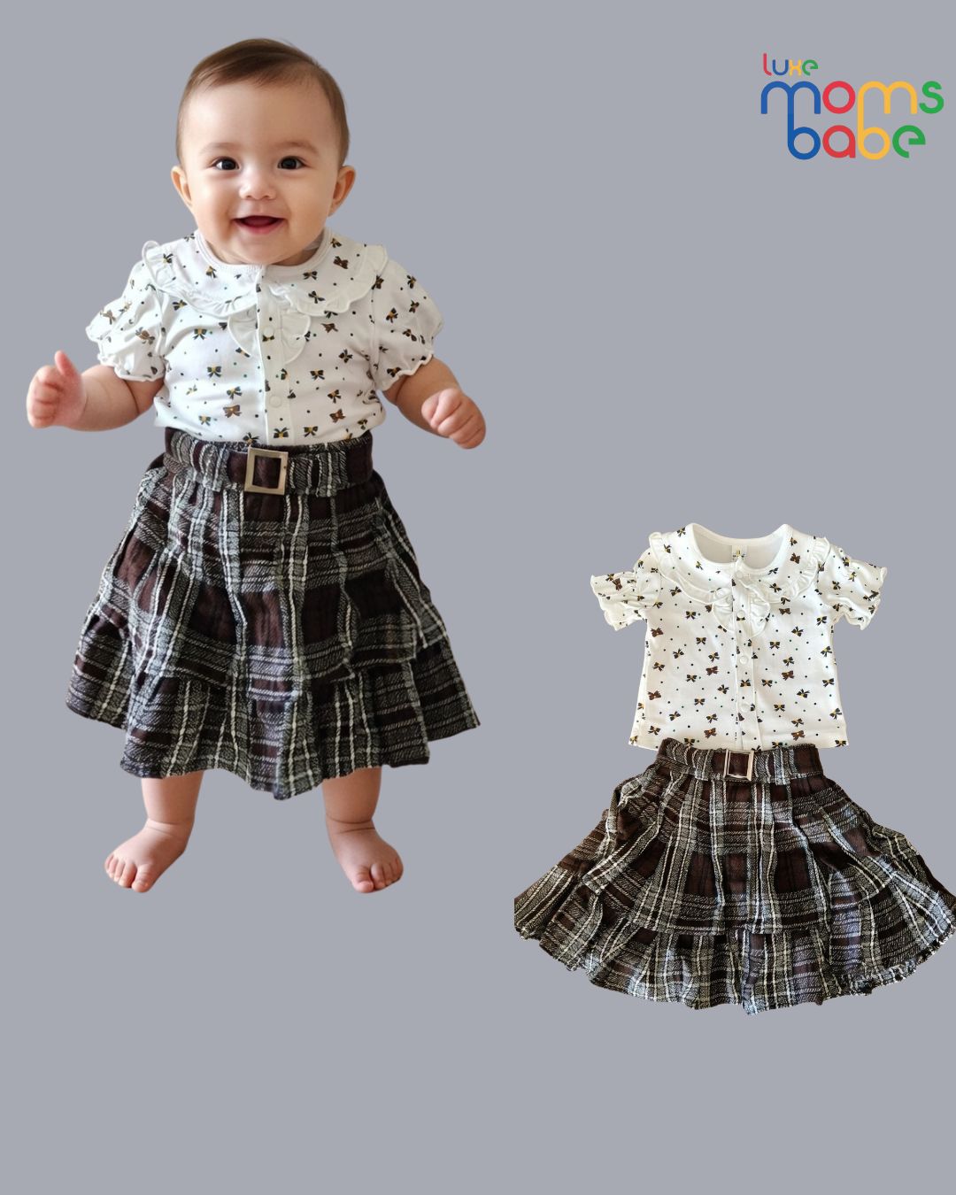baby girl two piece set – white top & dark brown plaid skirt