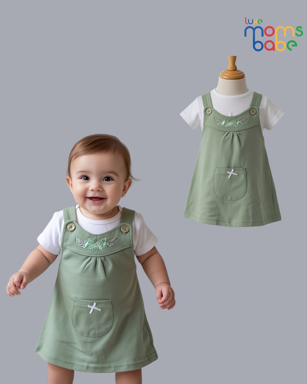 baby girl – white & light green pinafore dress set with separate white t shirt