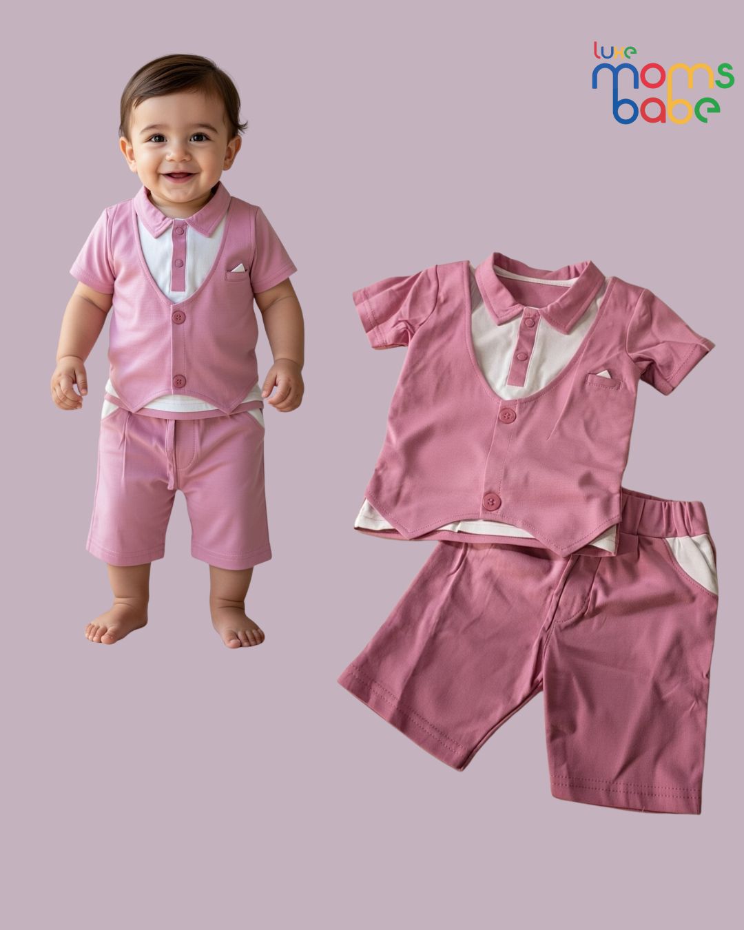 baby boy pink formal romper outfit set