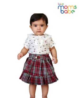 infant girl two piece set – white top & red plaid skirt