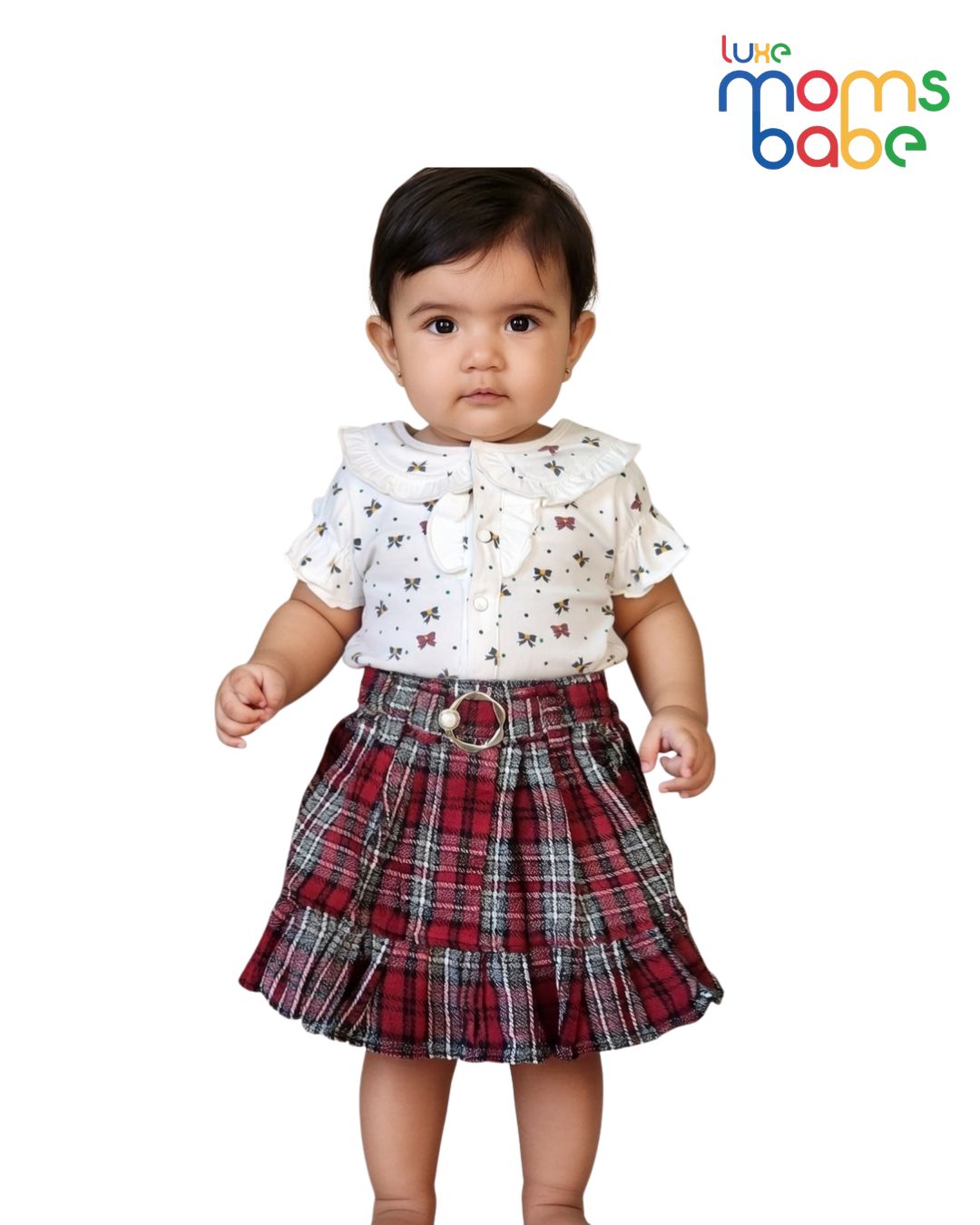 infant girl two piece set – white top & red plaid skirt