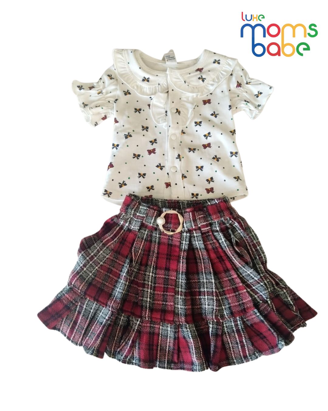 infant girl two piece set – white top & red plaid skirt