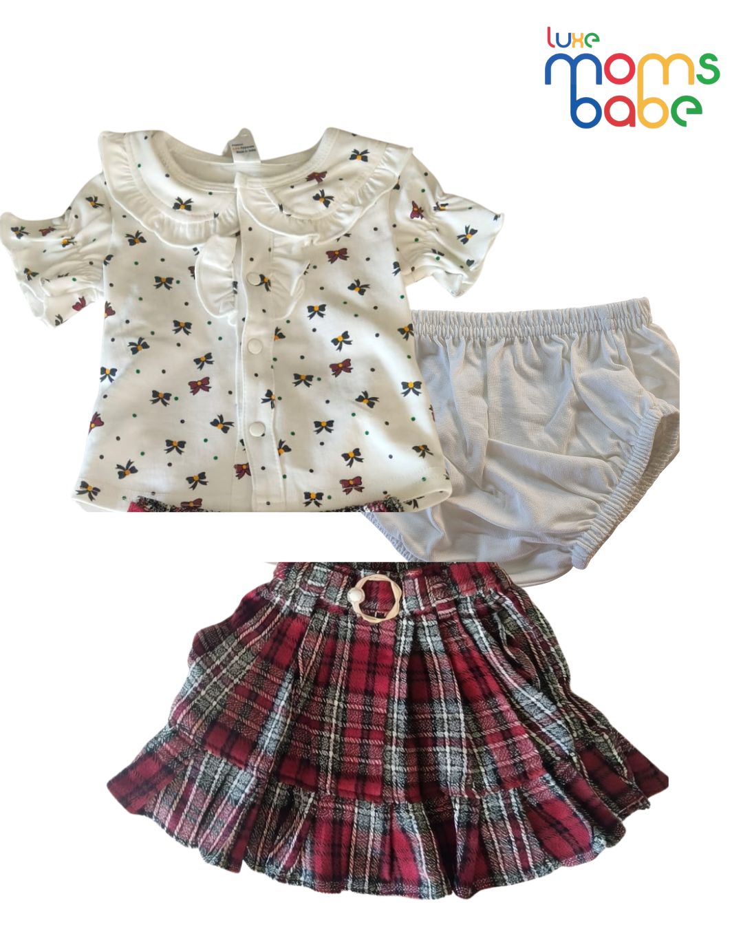 infant girl two piece set – white top & red plaid skirt
