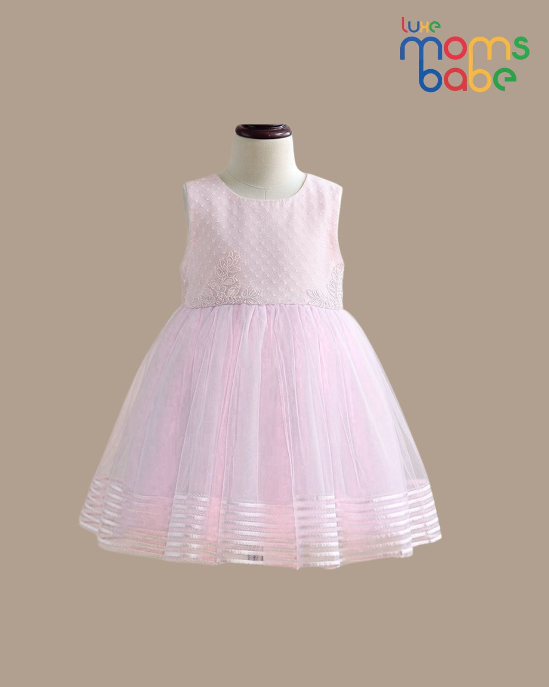 baby girl's pink tulle party dress with floral appliques and sleeveless