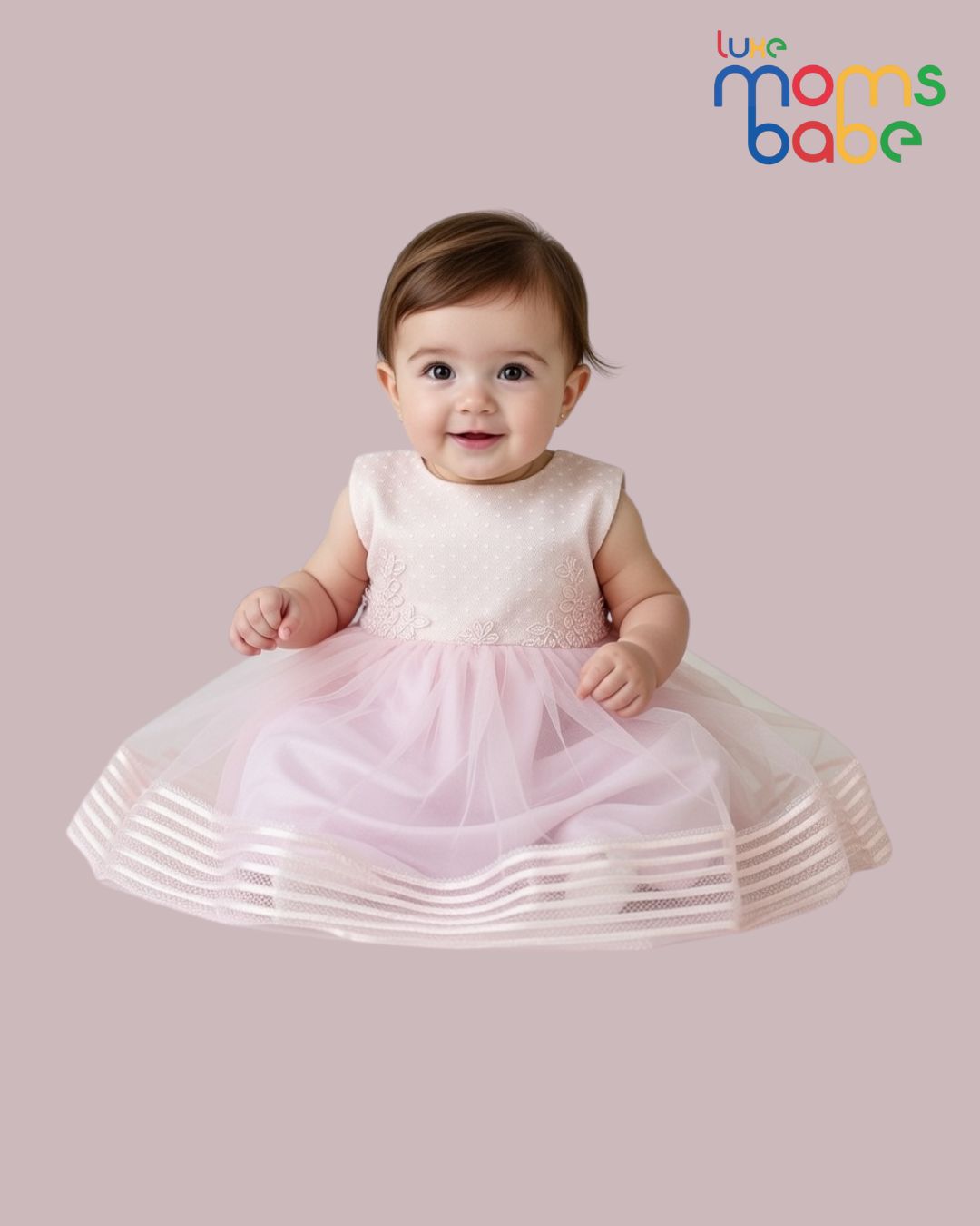 baby girl's pink tulle party dress with floral appliques and sleeveless