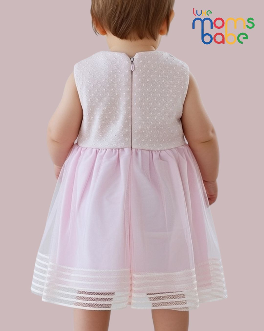 baby girl's pink tulle party dress with floral appliques and sleeveless