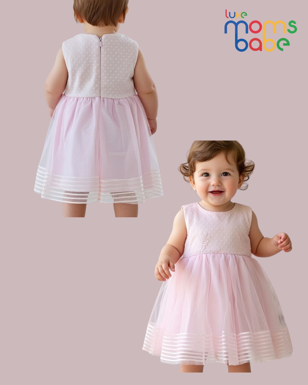 baby girl's pink tulle party dress with floral appliques and sleeveless