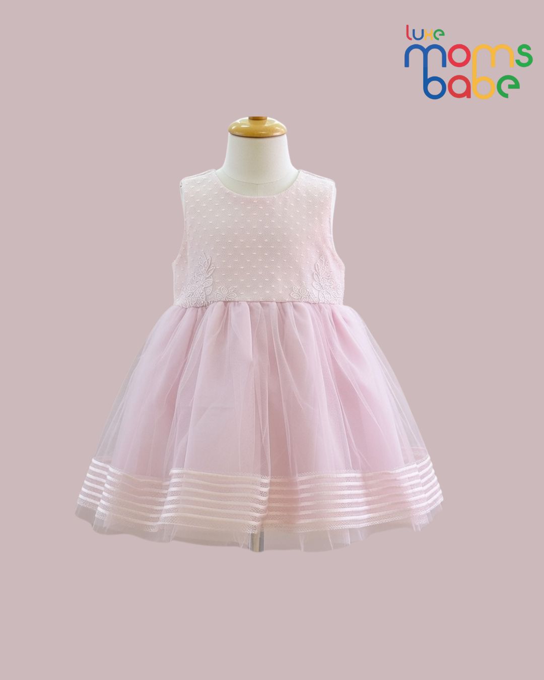 baby girl's pink tulle party dress with floral appliques and sleeveless