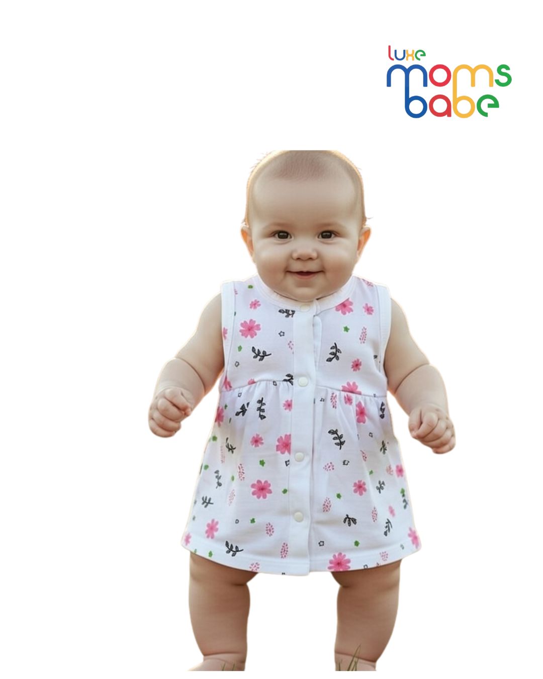 baby girls' white & pink floral print sleeveless frock