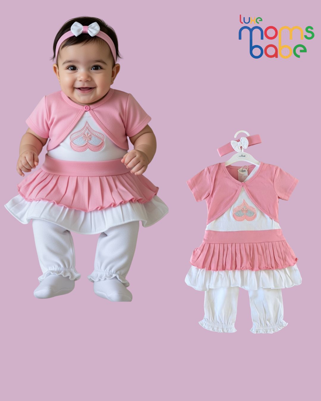 baby girls pink & white peplum top & pants set