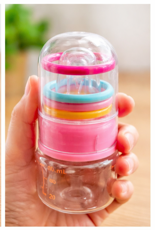 baby feeding bottle with silicone teether rings & storage cap