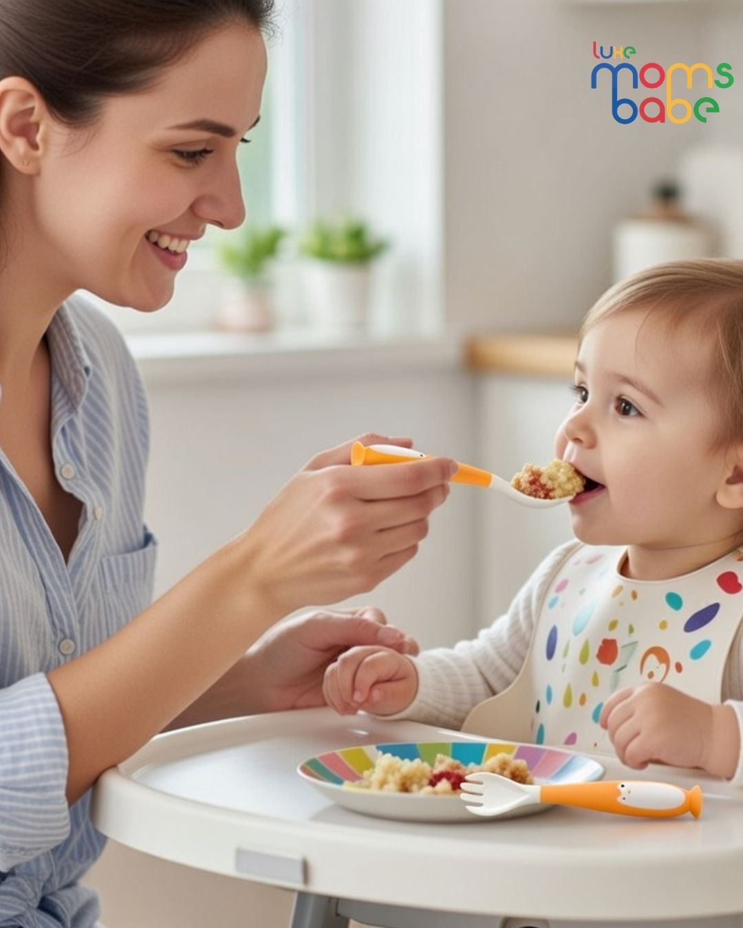 kids silicone orange and white baby fork and spoon set