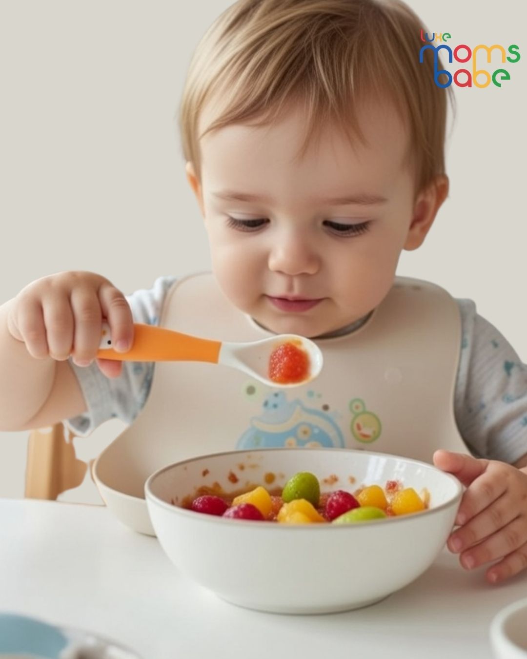 kids silicone orange and white baby fork and spoon set