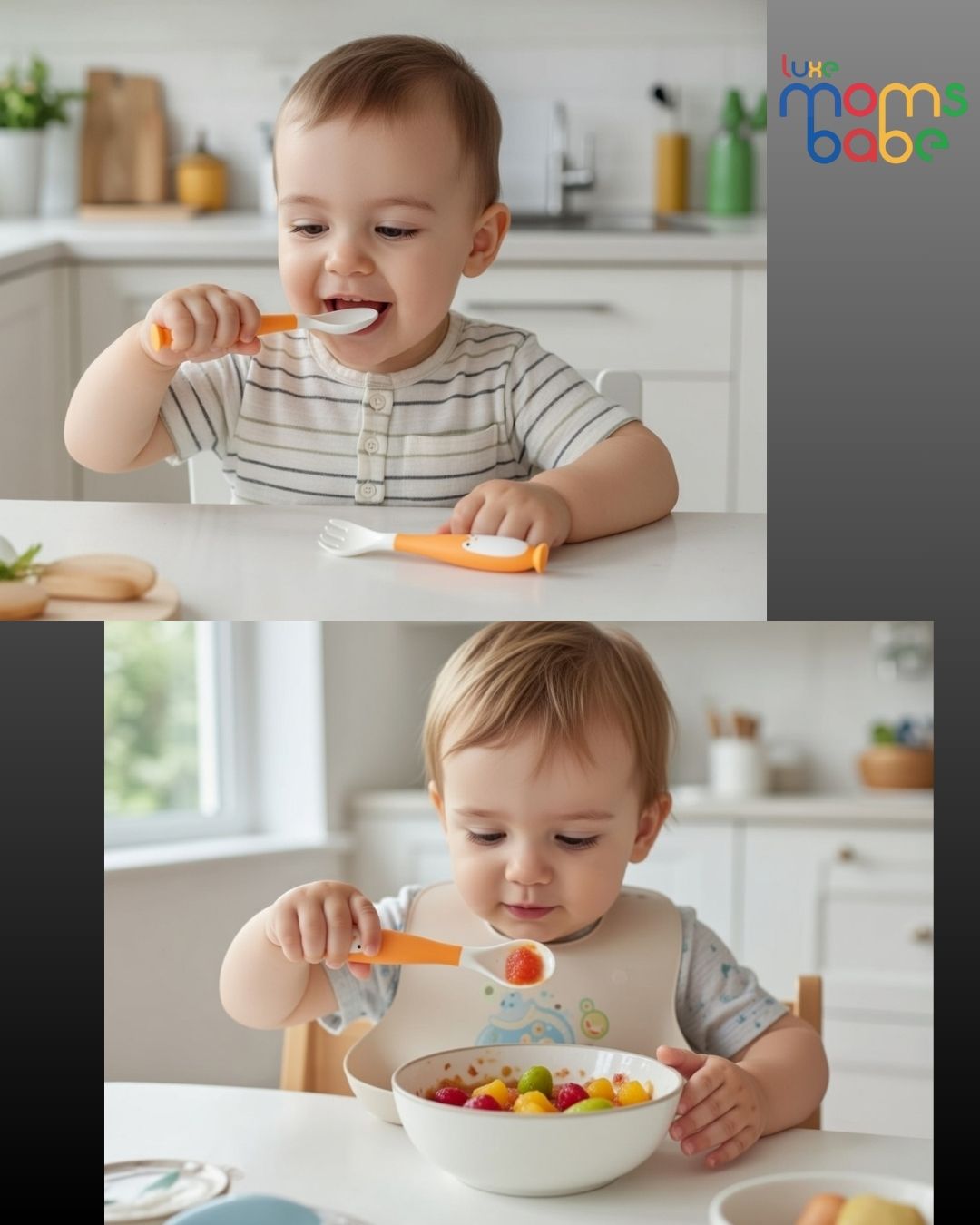 kids silicone orange and white baby fork and spoon set