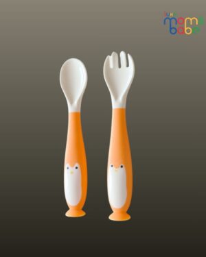 kids silicone orange and white baby fork and spoon set