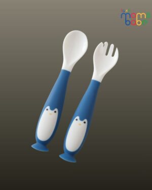 kids silicone blue and white baby fork and spoon set