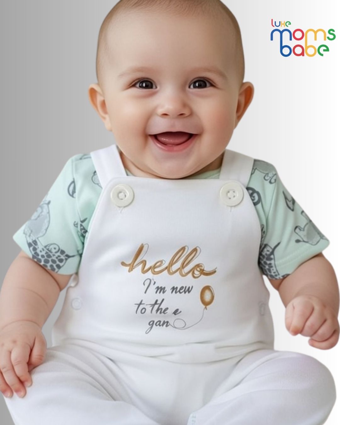 baby 's light green & white t shirt and short overalls set ( romper set ) baby 's light green & white t shirt and short overalls set ( romper set )