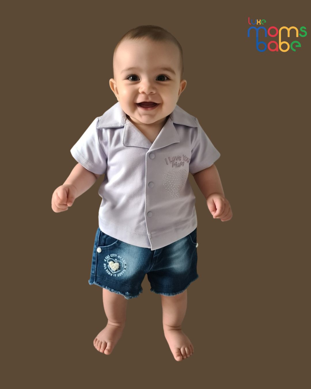 baby girl’s lavender collared shirt & dark blue denim shorts set