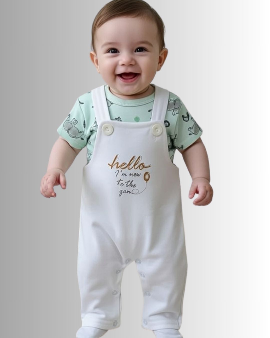 baby 's light green & white t shirt and short overalls set ( romper set ) baby 's light green & white t shirt and short overalls set ( romper set )