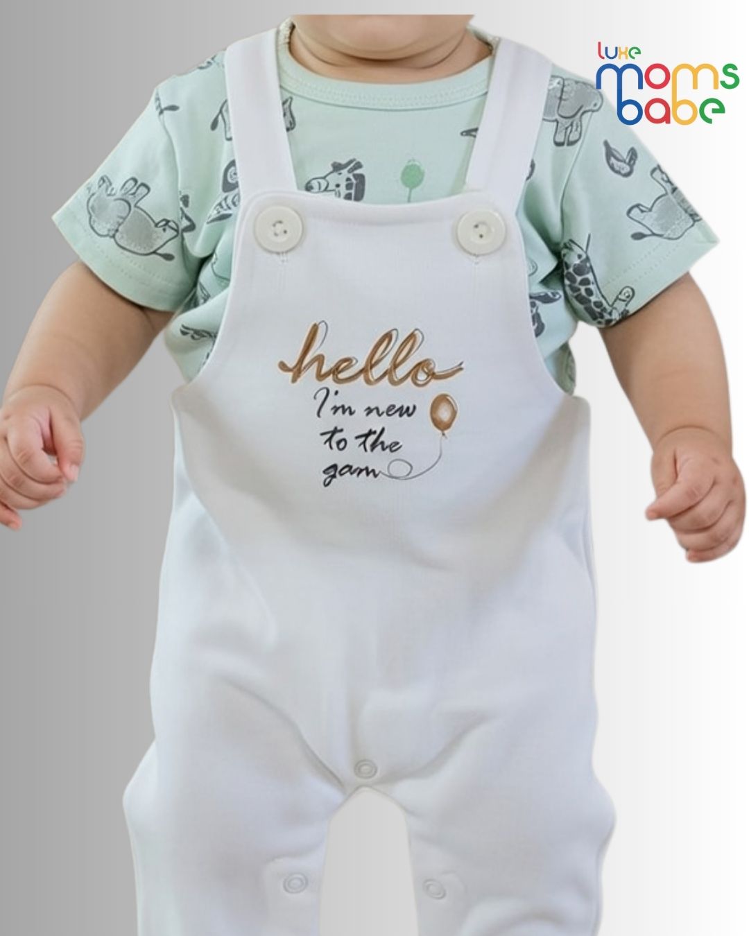 baby 's light green & white t shirt and short overalls set ( romper set ) baby 's light green & white t shirt and short overalls set ( romper set )