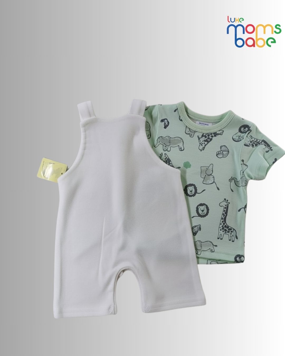 baby 's light green & white t shirt and short overalls set ( romper set ) baby 's light green & white t shirt and short overalls set ( romper set )