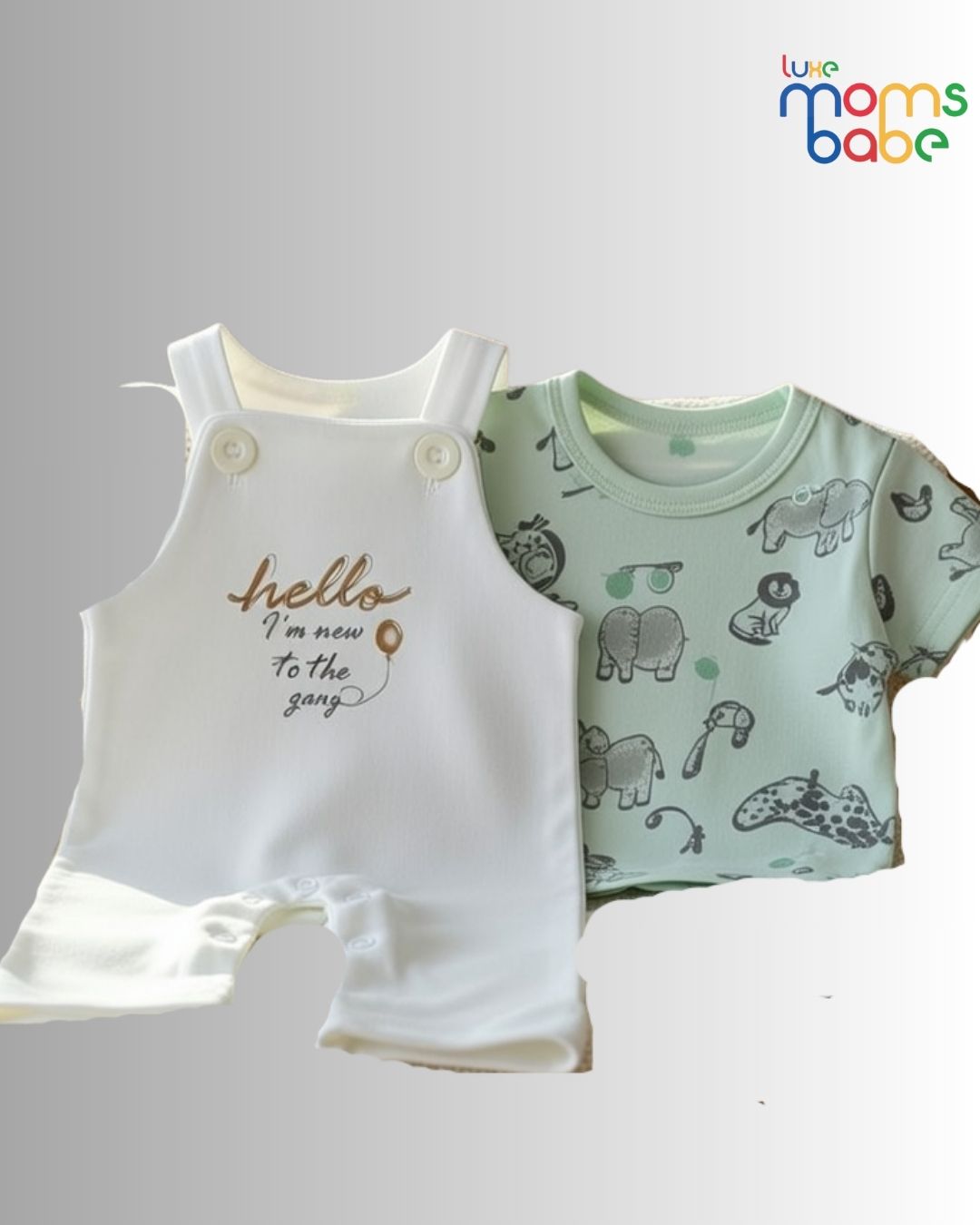 baby 's light green & white t shirt and short overalls set ( romper set ) baby 's light green & white t shirt and short overalls set ( romper set )