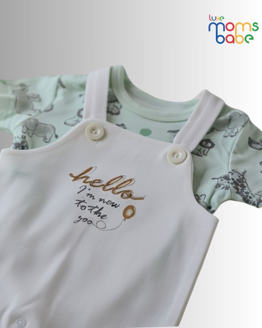 baby 's light green & white t shirt and short overalls set ( romper set ) baby 's light green & white t shirt and short overalls set ( romper set )