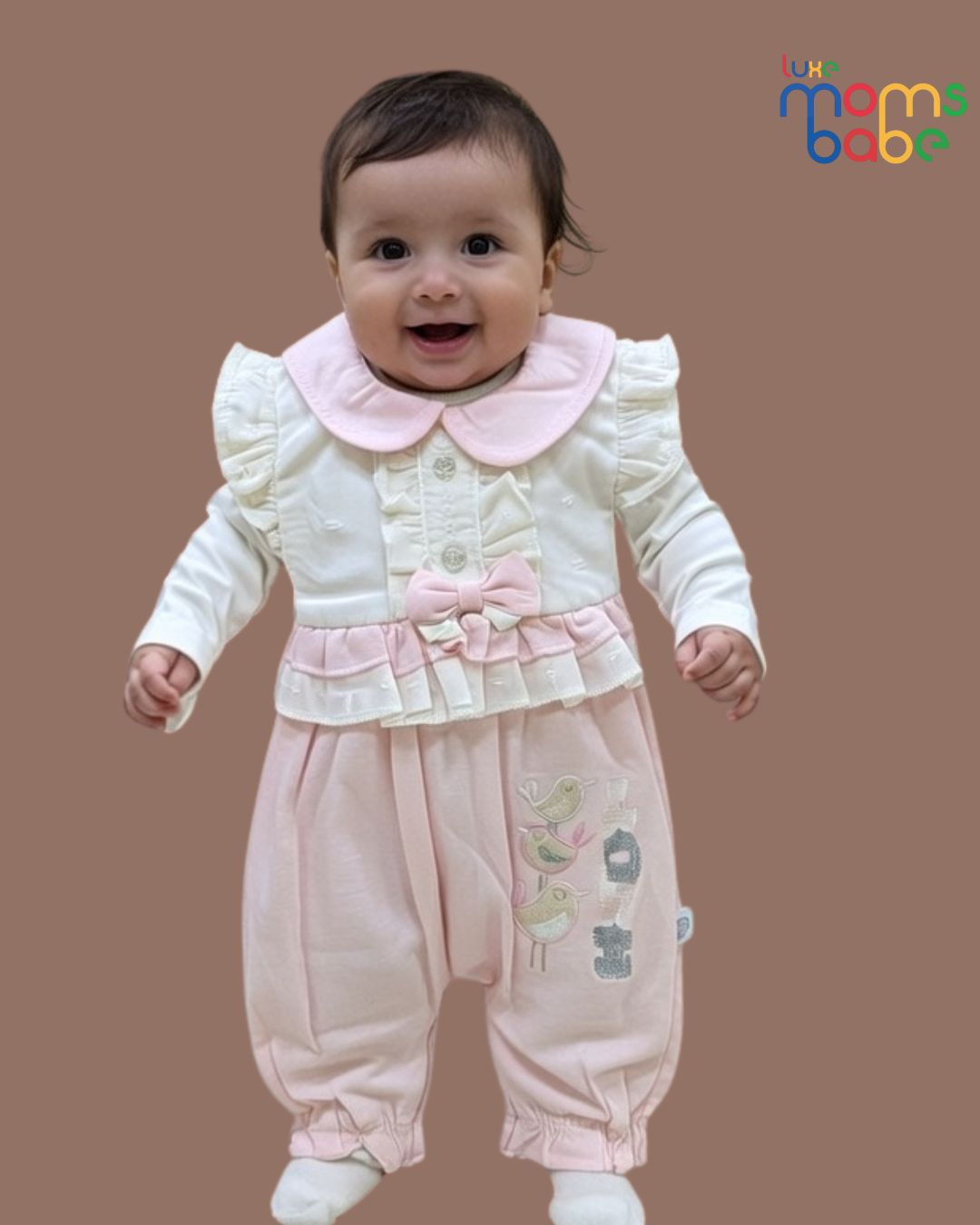 girl's white & baby pink clothes newborn jumpsuit solid long sleeve.