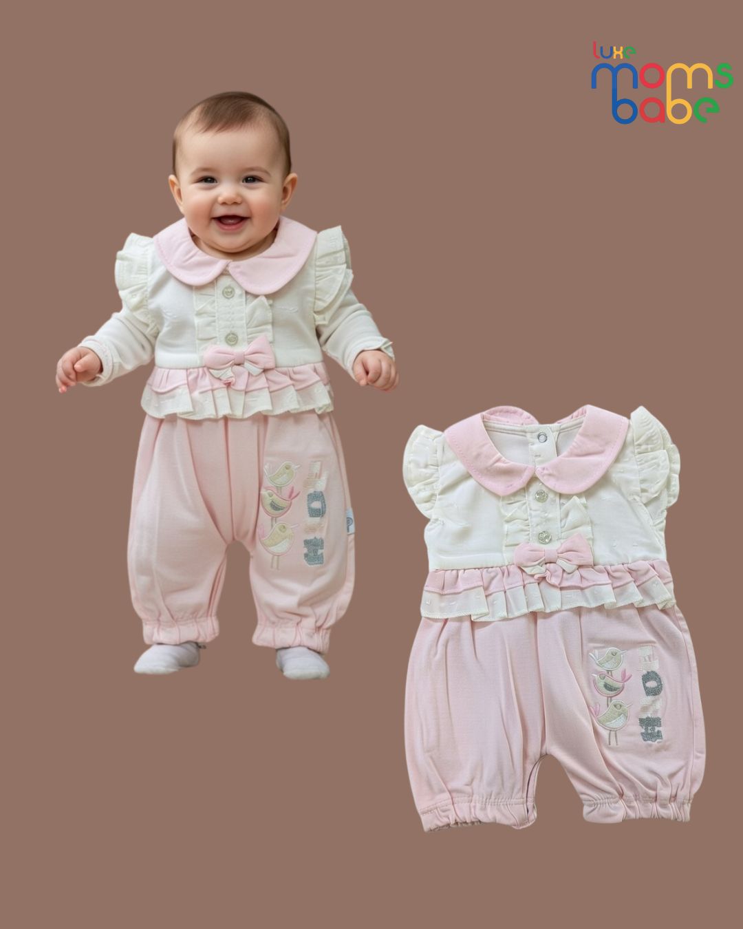 girl's white & baby pink clothes newborn jumpsuit solid long sleeve.