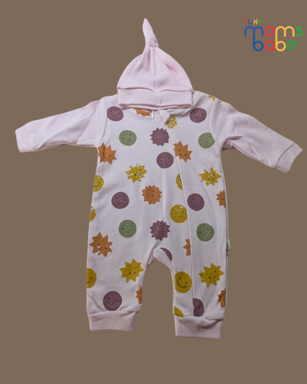 kids’ pink cotton printed full sleeves sleepsuit