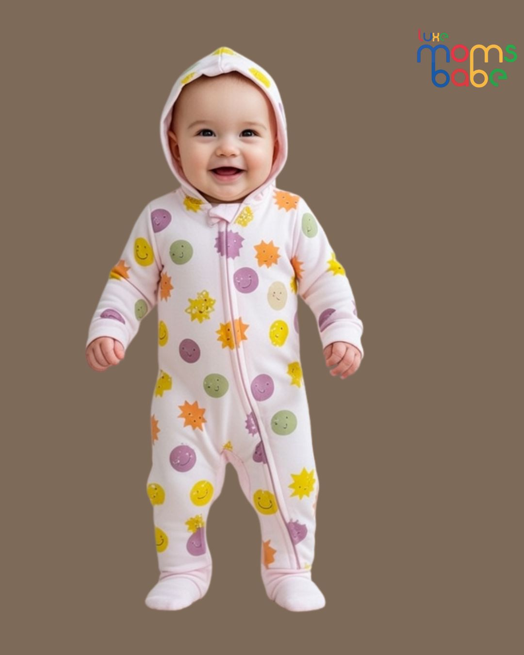 kids’ pink cotton printed full sleeves sleepsuit