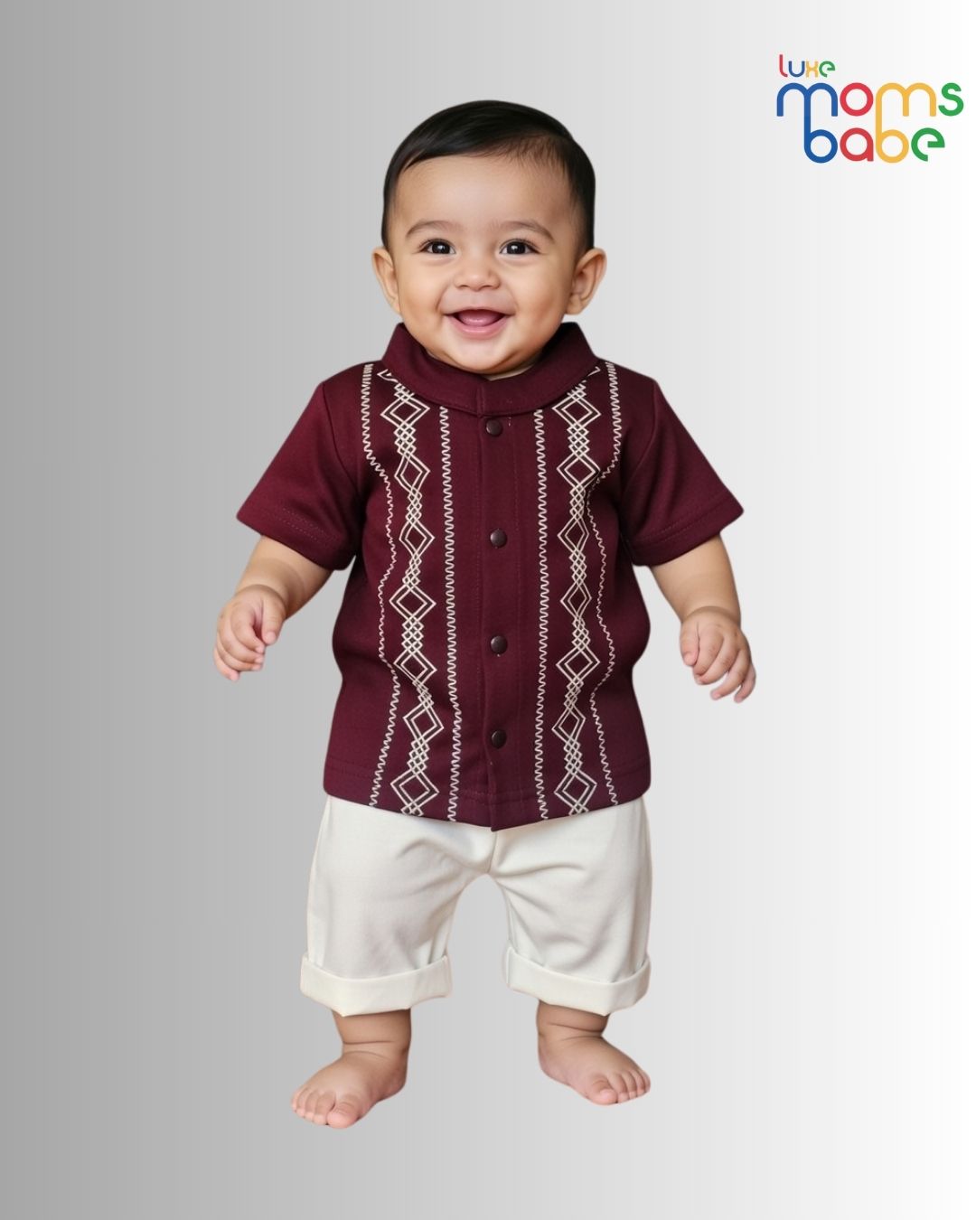 baby boy's maroon printed half sleeves shirt & cream shorts set